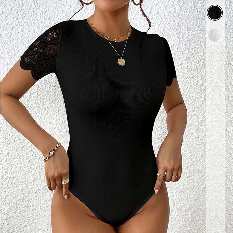 Black lace short-sleeve body suit for women, sexy and fitted, featuring delicate lace details and a sleek design.