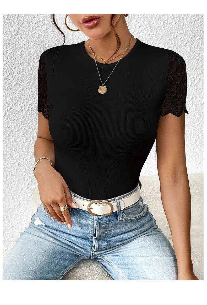 Black lace short-sleeve body suit for women, stylish and sexy, showcasing intricate lace details and fitted design.
