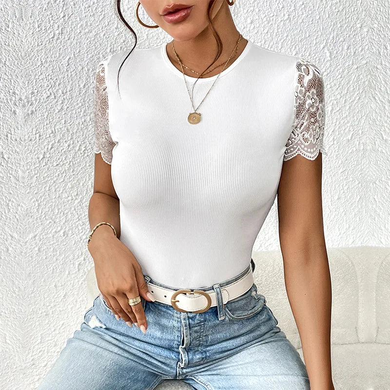 Black lace short-sleeve women's bodysuit by Corporación Turística, featuring a sexy, fitted design with intricate lace details.
