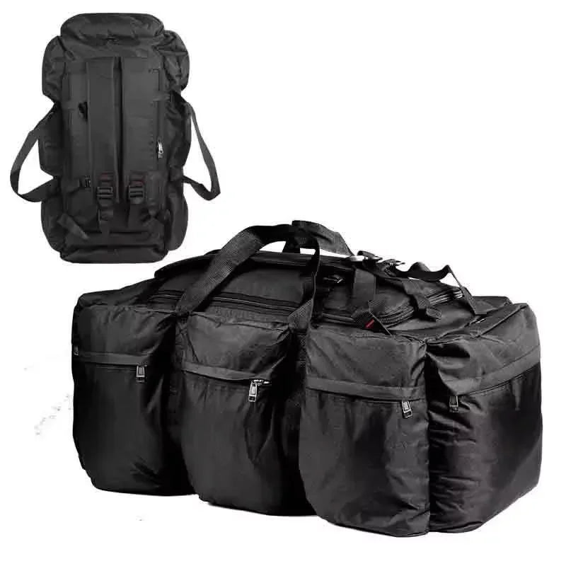 Black 100L camping backpack by Corporación Turística, large travel duffel bag with sturdy straps and spacious design.