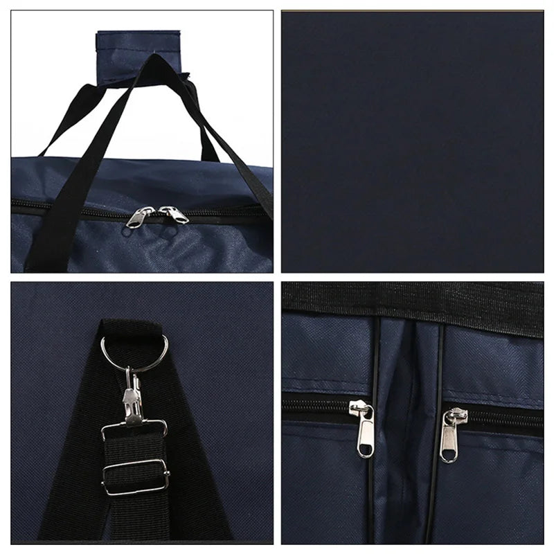 Black foldable travel bag with large capacity, sporty design by Corporación Turística, ideal for trips and outdoor activities.