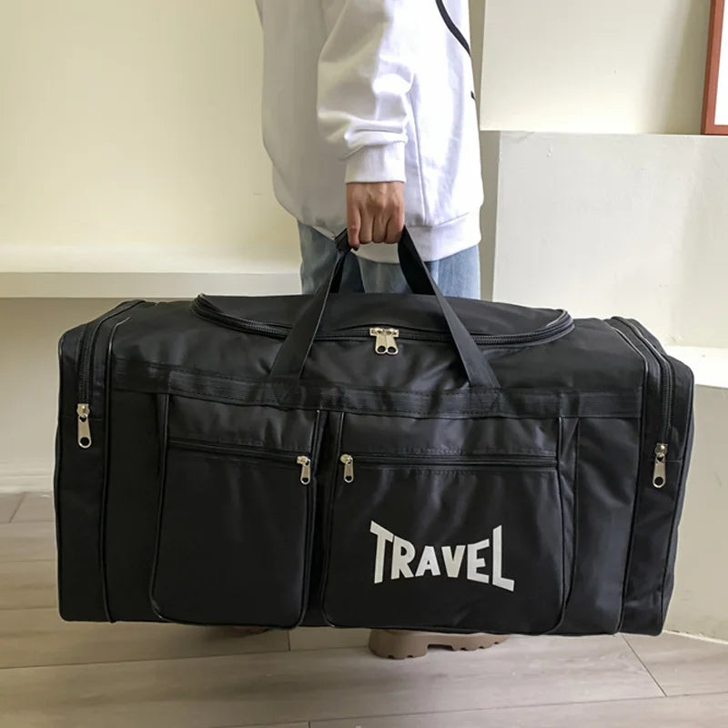 Black large-capacity foldable travel bag from Corporación Turística, with sporty design and spacious interior for travel essentials.