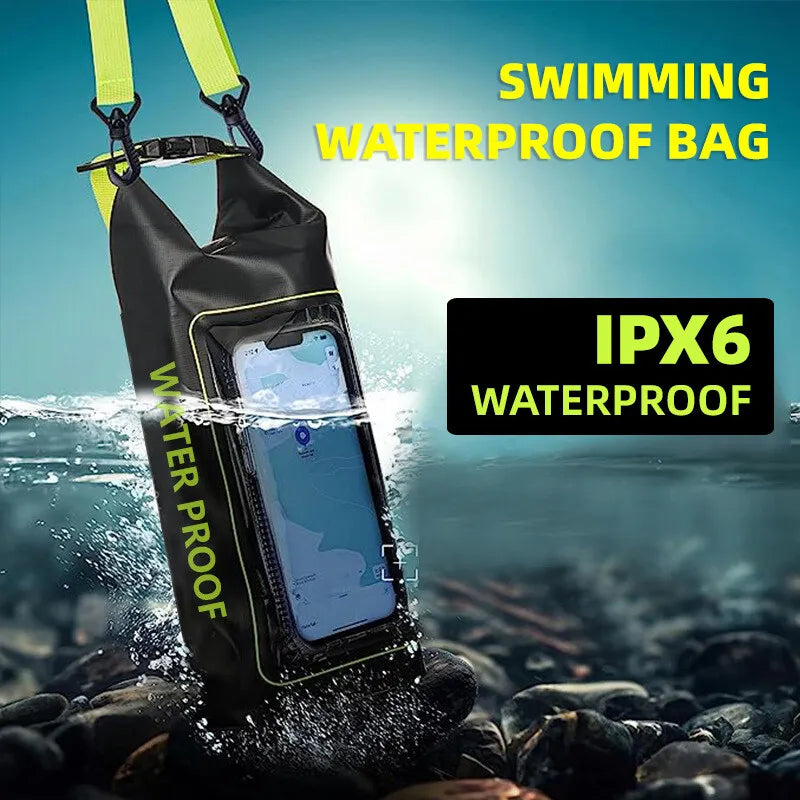 Black 2L PVC waterproof swimming bag with transparent panel from Corporación Turística, designed for water sports and swimming gear.