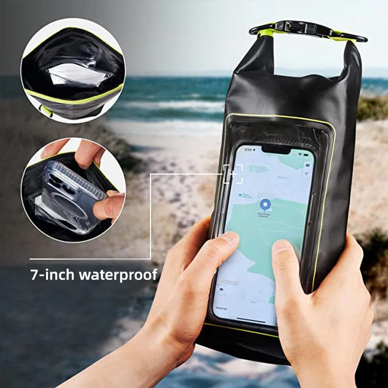 Black PVC waterproof bag for swimming, 2L capacity, with transparent window, by Corporación Turística.
