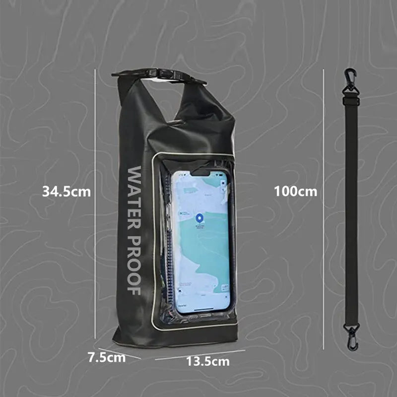 Black PVC waterproof bag for swimming, 2L capacity, with a clear viewing window, from Corporación Turística.