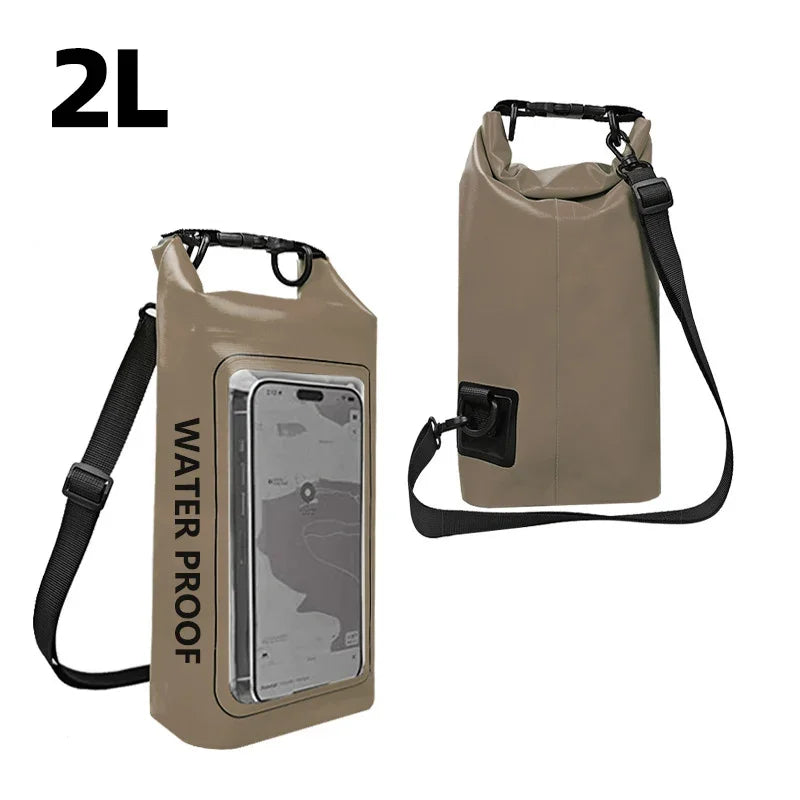 Black 2L PVC waterproof swimming bag with a transparent panel, ideal for storing swim gear and accessories during water activities.