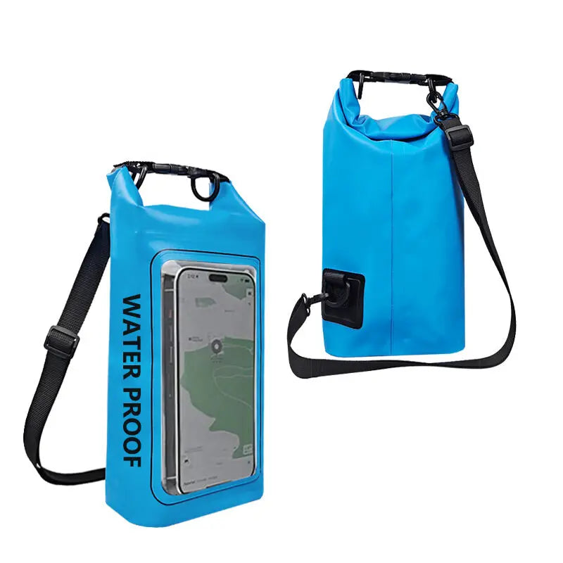 Black PVC waterproof 2L swimming bag with transparent panel from Corporación Turística, designed for keeping belongings dry during water activities.