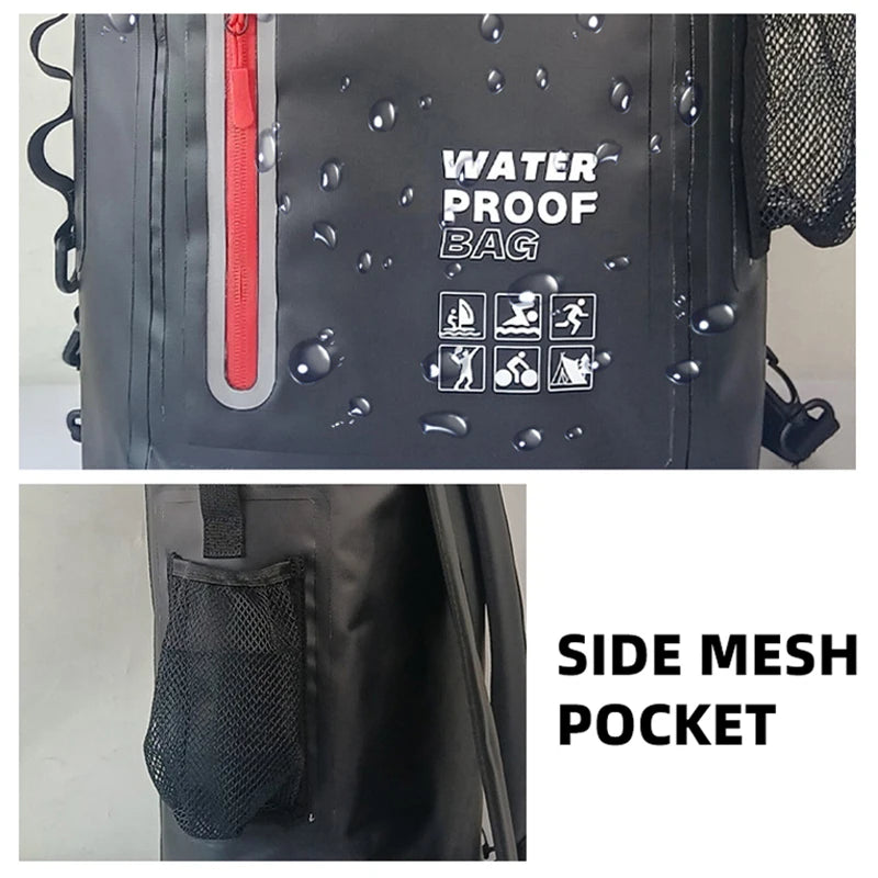 Black waterproof dry bag from Corporación Turística, ideal for kayaking and swimming, featuring secure roll-top closure and durable material.