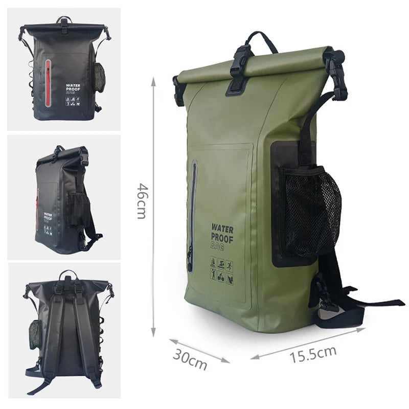 Black waterproof dry bag from Corporación Turística, ideal for kayak trips and swimming, featuring a secure roll-top closure.