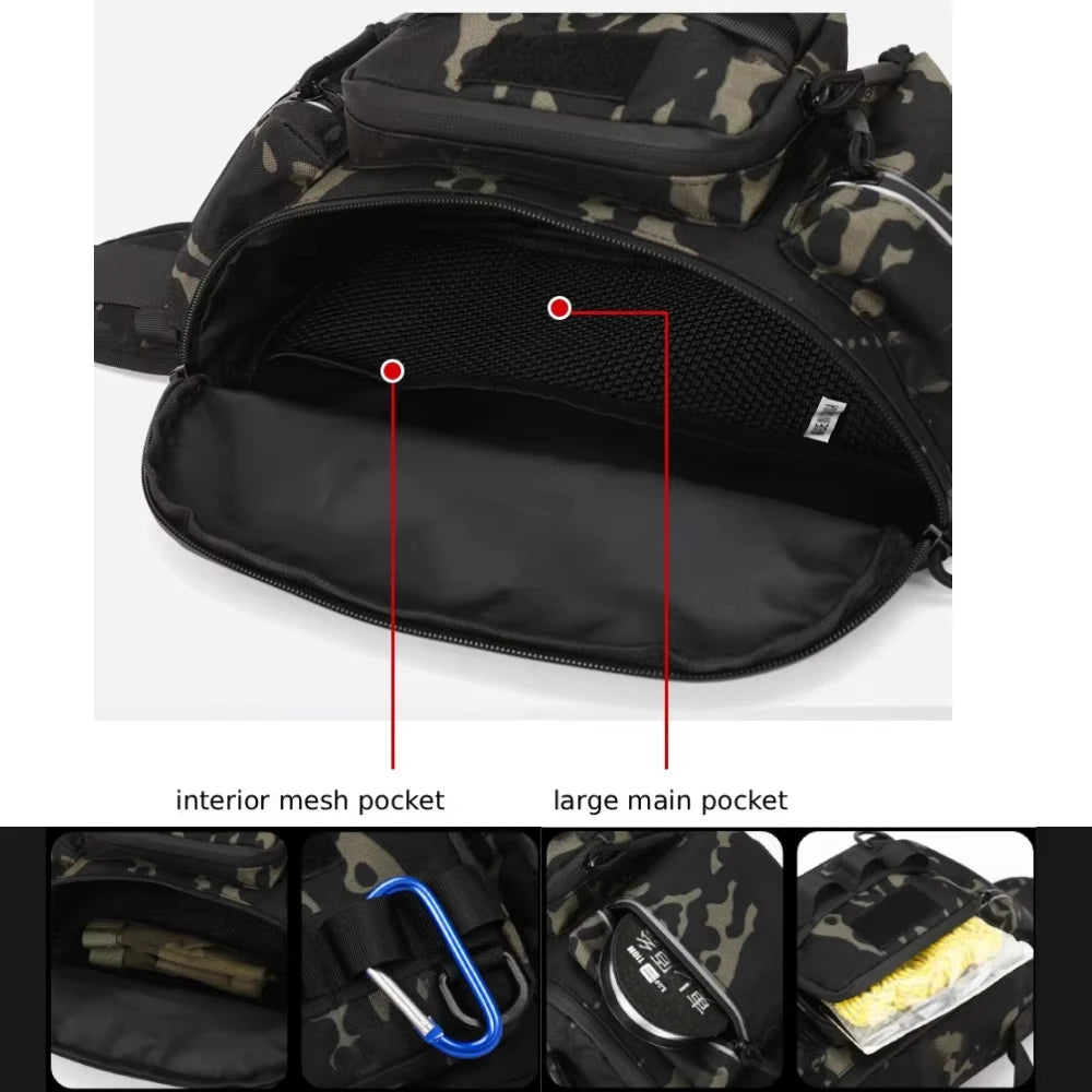 Black tactical waist bag for camping and hiking, featuring multiple pockets and a chest strap, by Corporación Turística.