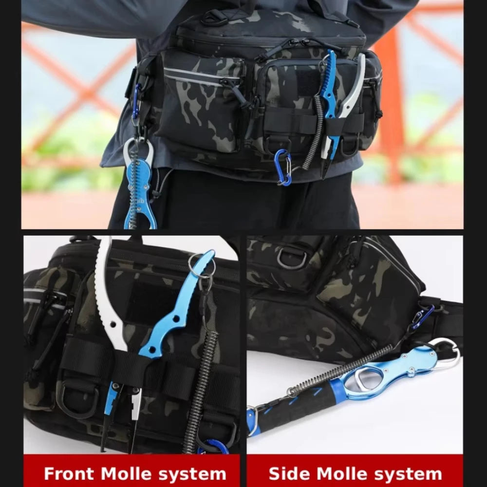Black tactical waist bag from Corporación Turística, suitable for camping and outdoor activities, with a compact, durable design.