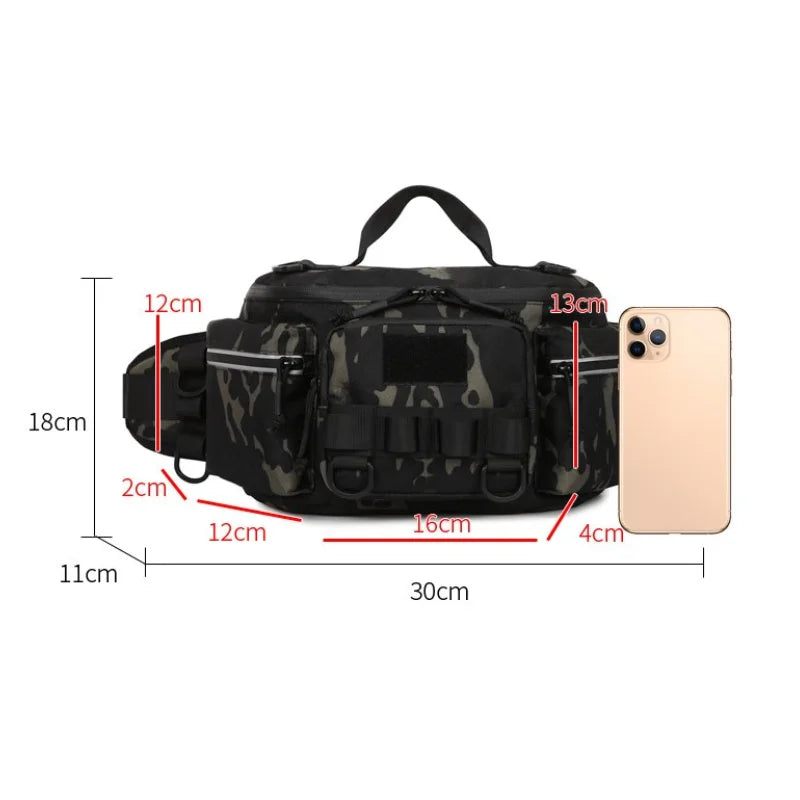 Black tactical waist bag from Corporación Turística, suitable for camping and outdoor adventures, with multiple compartments and adjustable straps.