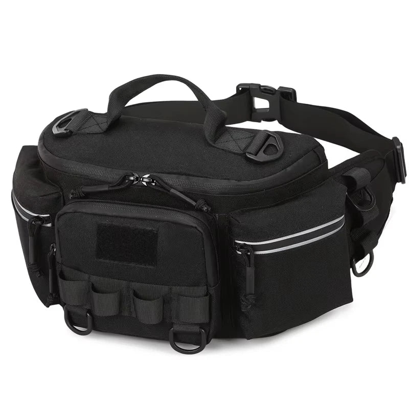 Black tactical waist bag for camping and hiking, with chest pack design from Corporación Turística.