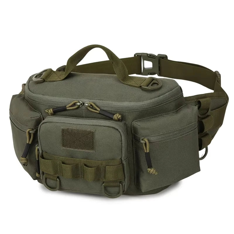 Black tactical waist bag from Corporación Turística for camping and hiking, with a compact chest pack design.