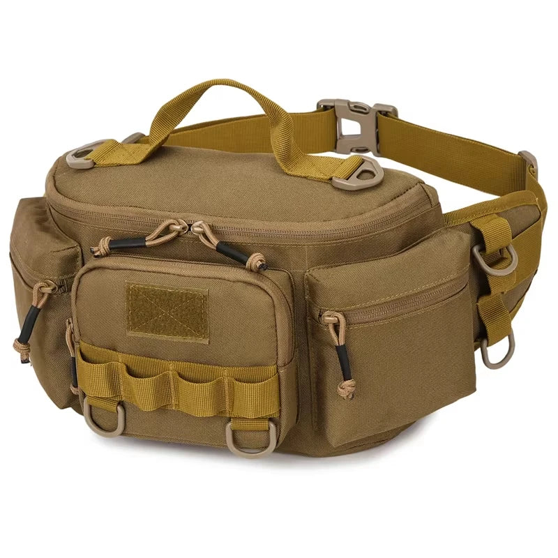 Black tactical waist bag from Corporación Turística, suitable for camping and outdoor activities, with multiple compartments.