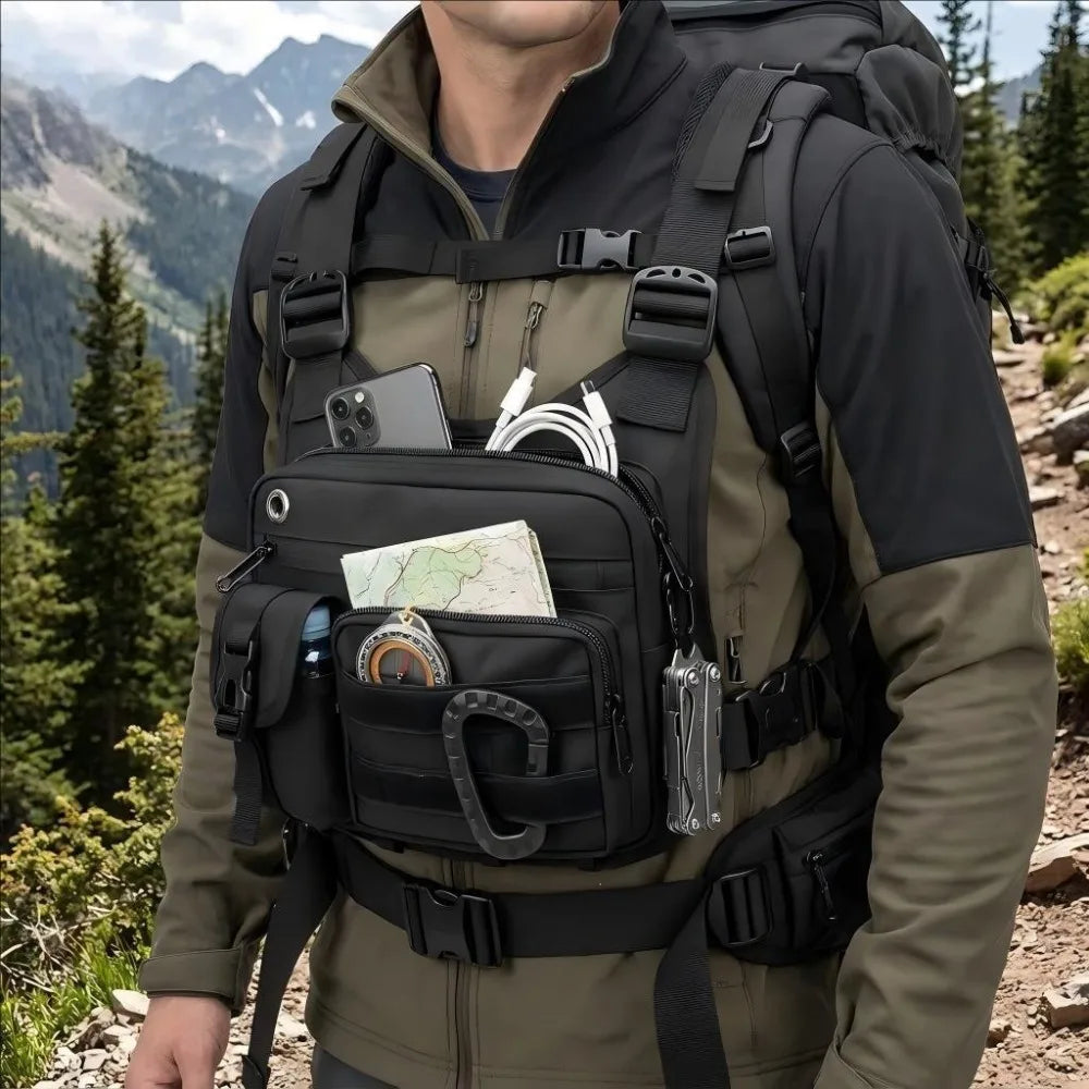 Black men's outdoor chest bag by Corporación Turística, showing the compact design and adjustable strap for outdoor activities.
