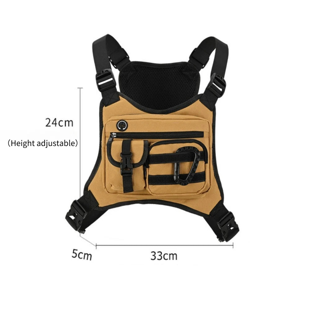 Black men's outdoor activity chest bag from Corporación Turística, with adjustable strap and multiple compartments.