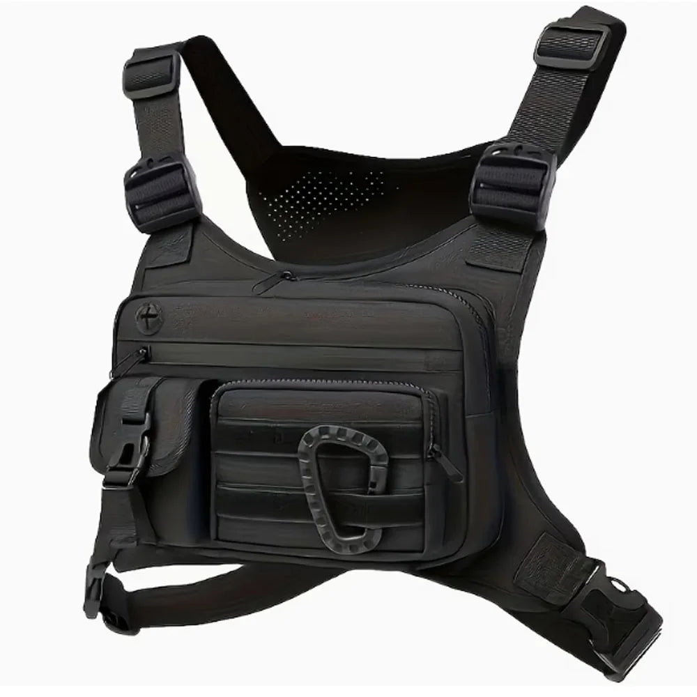 Black men's outdoor activity chest bag by Corporación Turística, shown with adjustable strap and multiple compartments for gear.