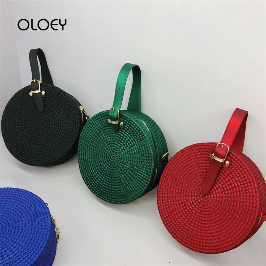 Red esmerilado shoulder bag for women featuring a round shape, crafted by Corporación Turística.