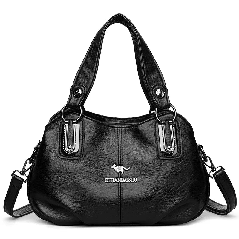 Luxury 3-layer large capacity handbag by Corporación Turística, black and stylish, showing the spacious interior and sleek exterior.