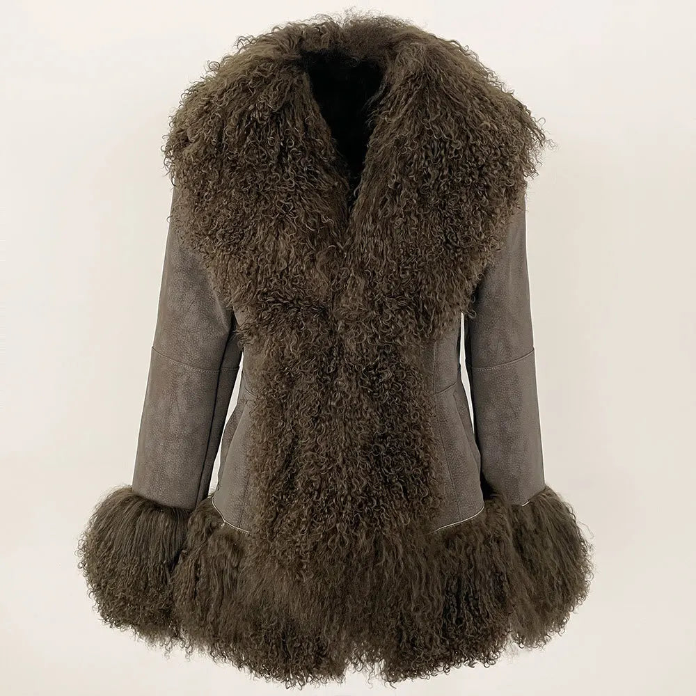 Black and brown genuine rabbit fur coat with a wool collar, XL size, by Corporación Turística, displayed on a hanger.
