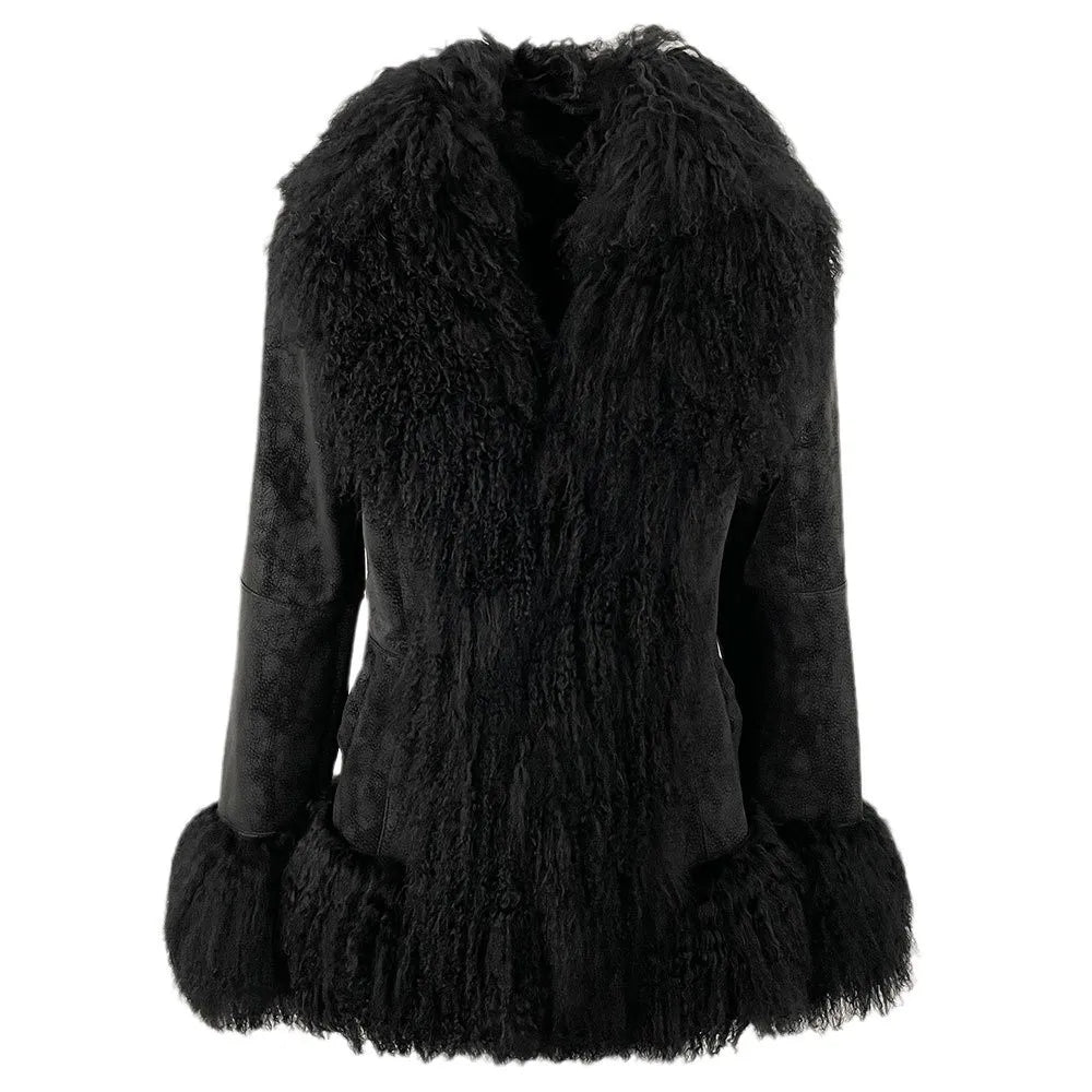 Black and brown genuine rabbit fur coat with a wool collar, featuring a luxurious and cozy design, by Corporación Turística.