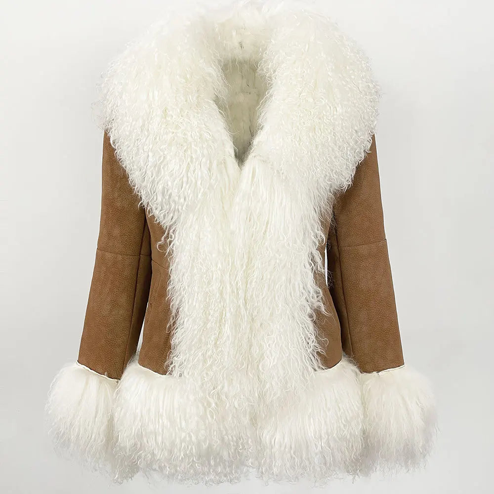 Black and brown genuine rabbit fur coat with wool collar, oversized fit, stylish and warm, by Corporación Turística.