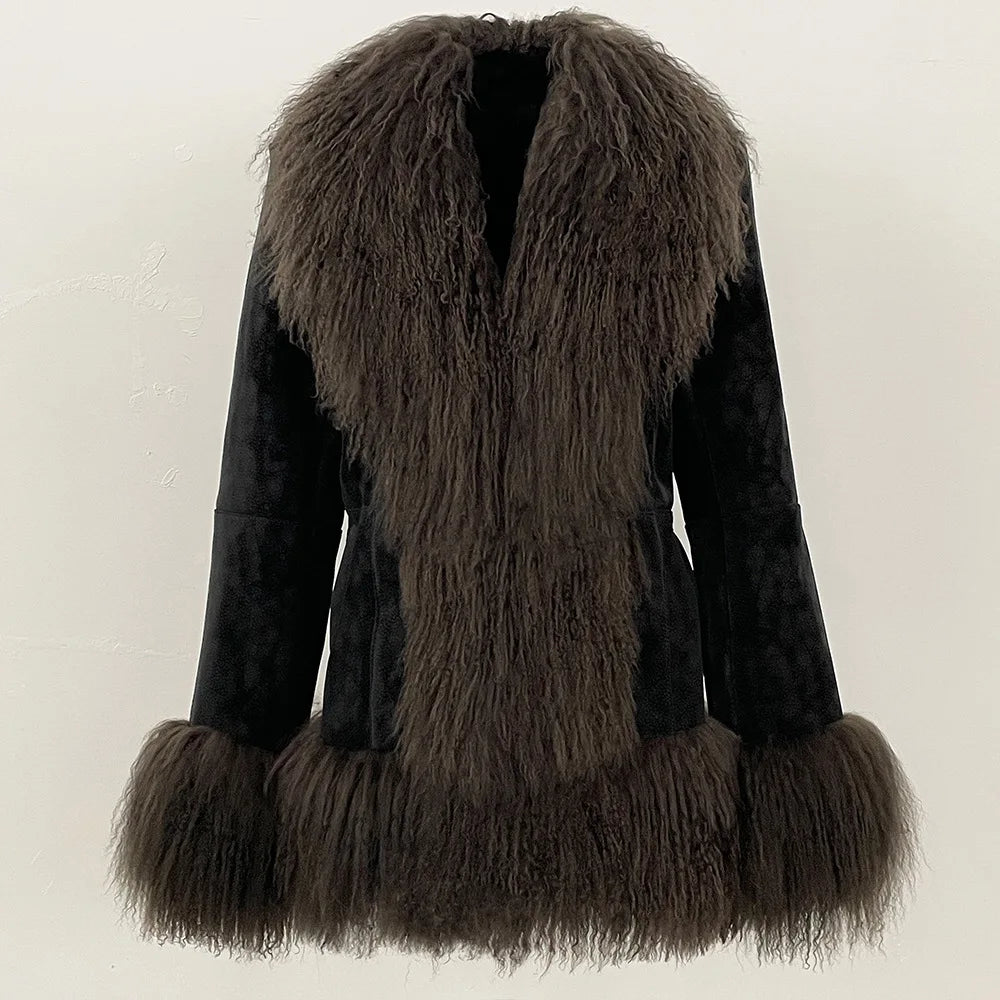 Black and brown genuine rabbit fur coat with a wool collar, featuring a cozy and stylish design for cold weather.