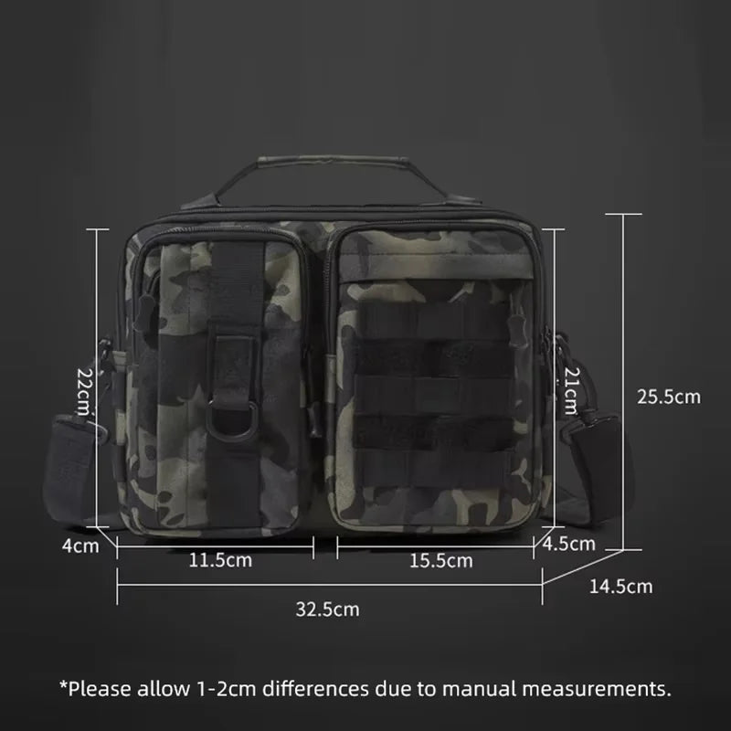 Black camouflage tactical hiking shoulder bag by Corporación Turística, designed for outdoor camping and trekking activities.