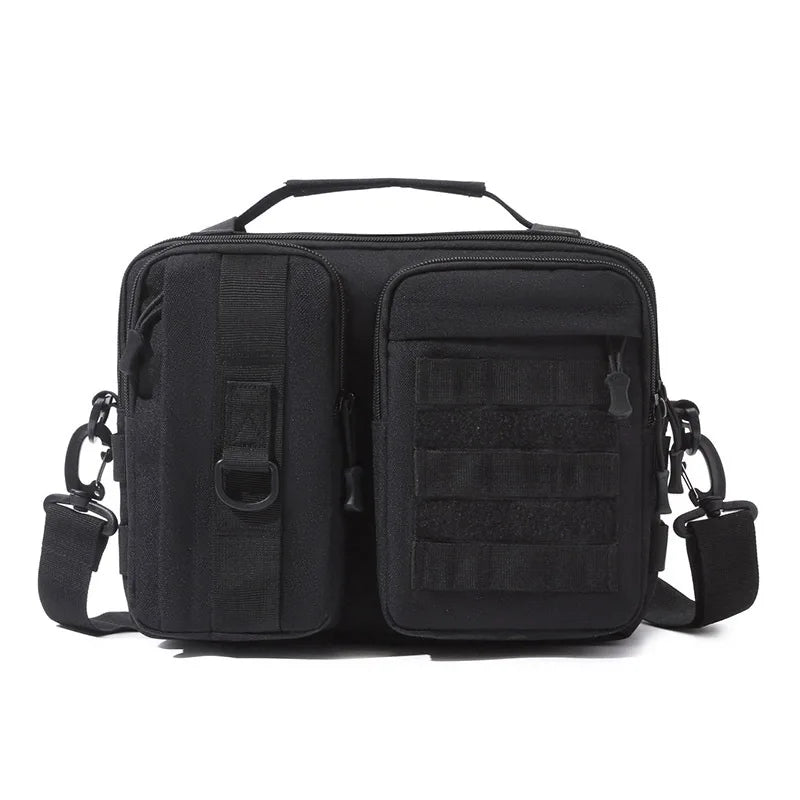 Black camouflage tactical hiking shoulder bag by Corporación Turística, designed for camping and outdoor adventures.
