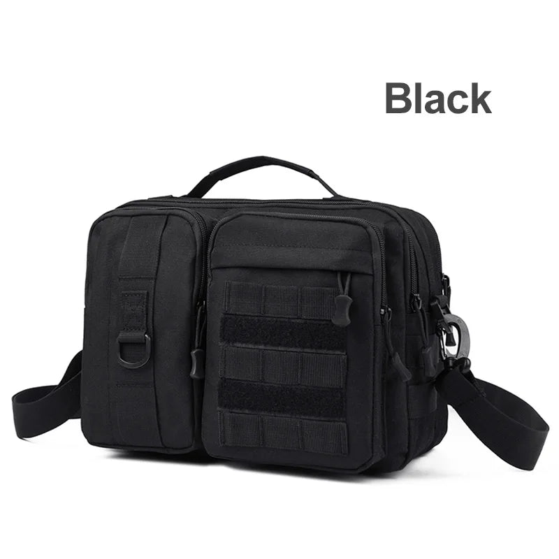 Black camouflage tactical hiking shoulder bag by Corporación Turística, ideal for camping and outdoor adventures.