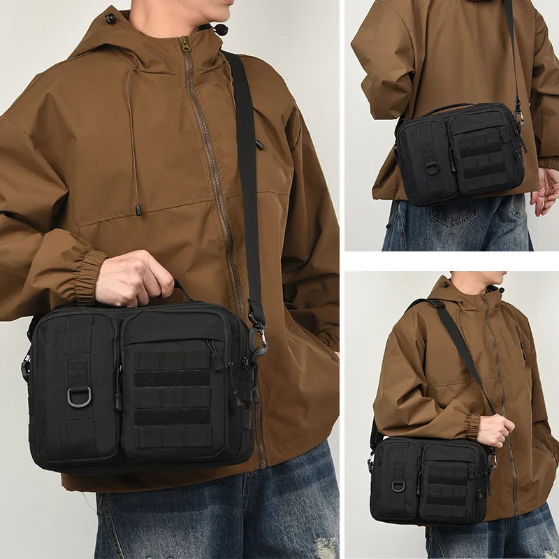 Black camouflage tactical hiking shoulder bag from Corporación Turística, ideal for camping and outdoor adventures.