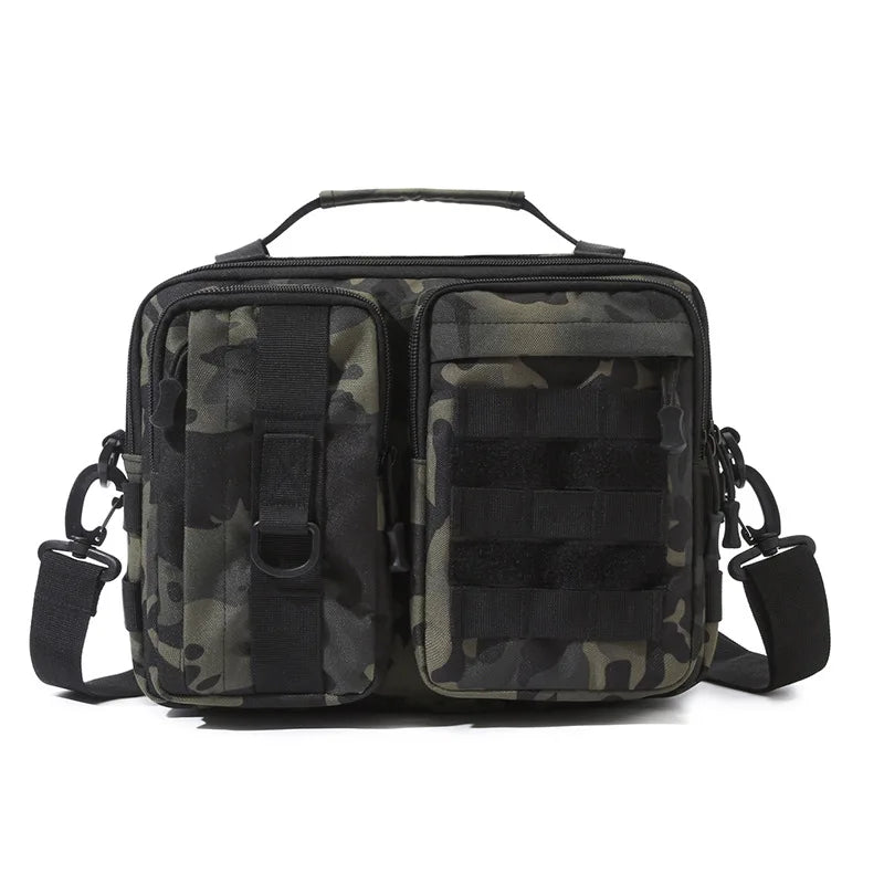 Black camouflage tactical hiking shoulder bag by Corporación Turística, designed for camping and outdoor adventures.