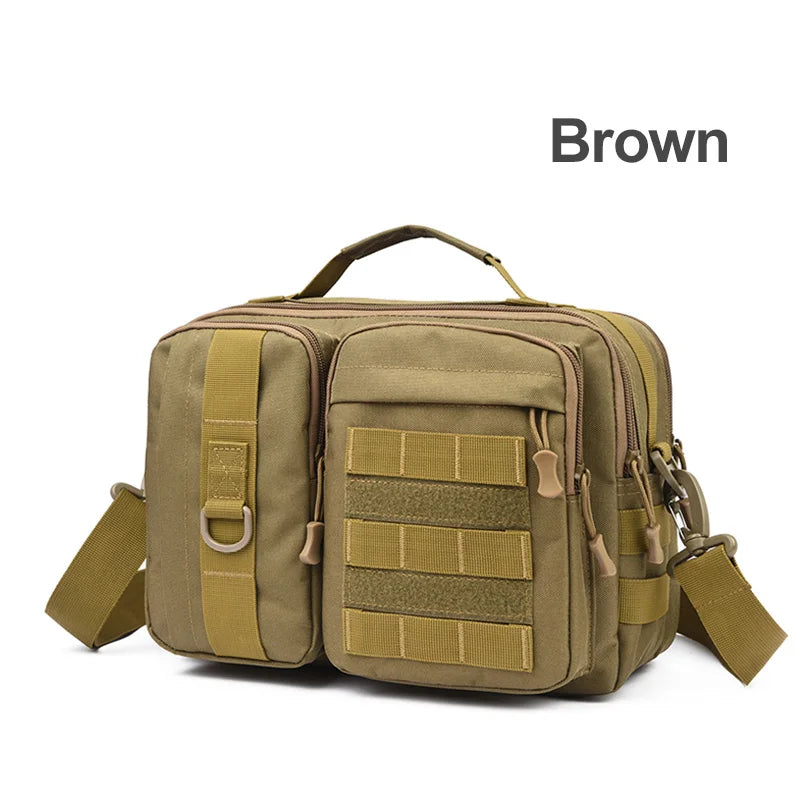Black camouflage tactical hiking shoulder bag by Corporación Turística, ideal for camping and outdoor adventures.