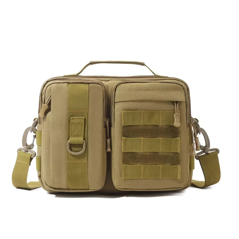 Black camouflage tactical hiking shoulder bag from Corporación Turística, ideal for camping and outdoor adventures.