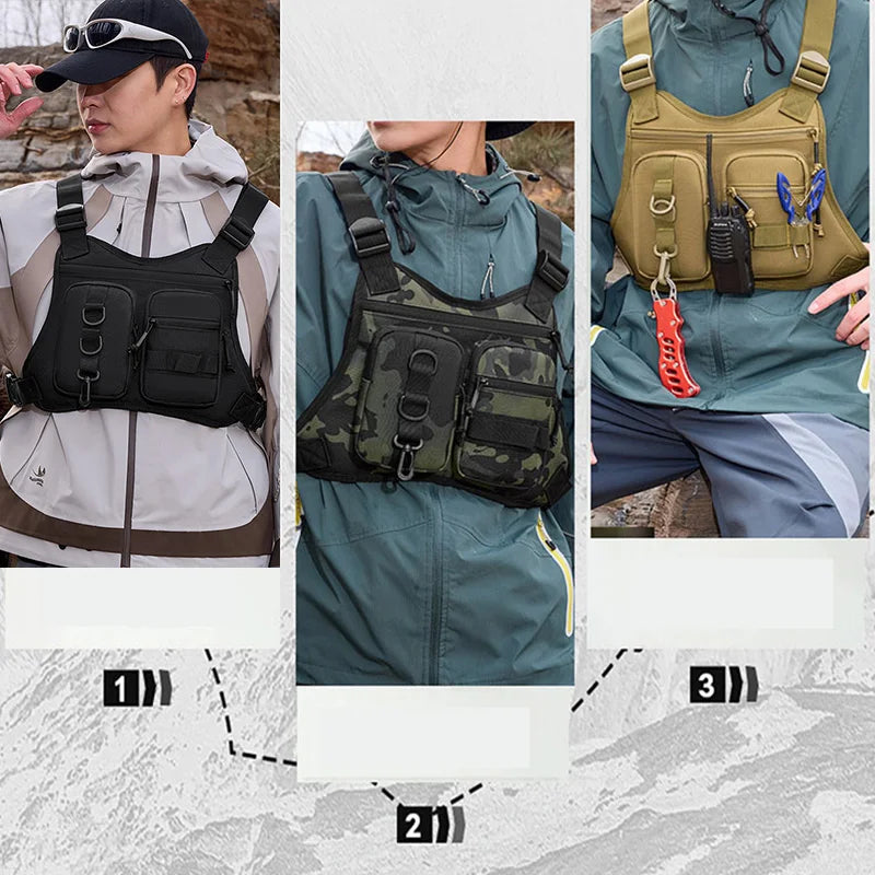Black camouflage tactical vest with front Molle system and chest pocket, designed for outdoor and tactical use by Corporación Turística.