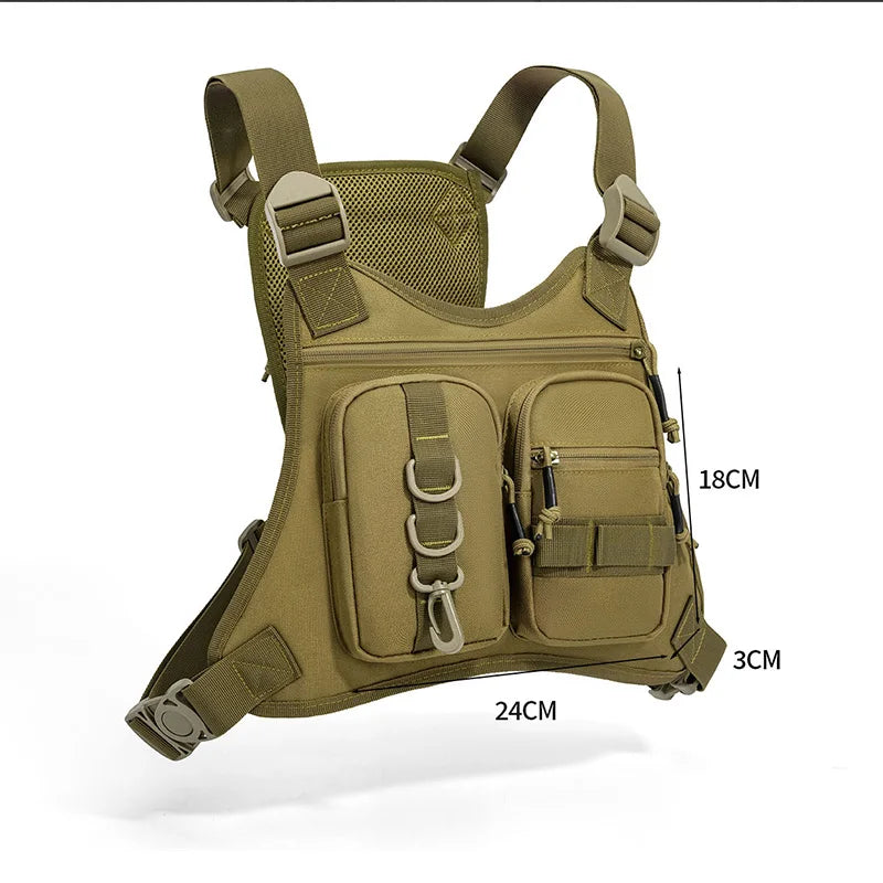Black camouflage tactical vest with Molle system and front chest pocket, designed for military and outdoor use.