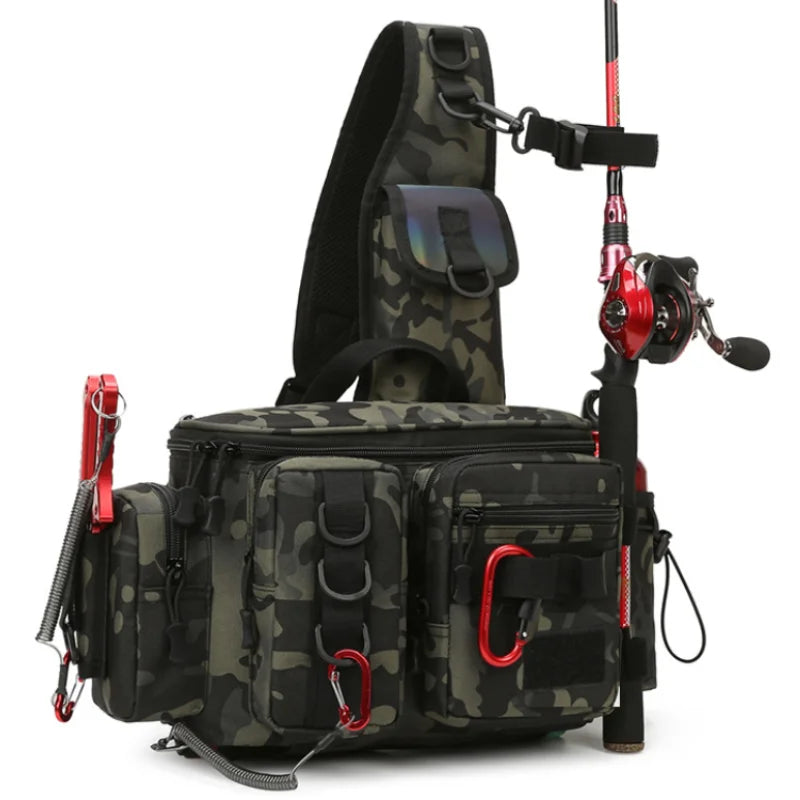 Black camouflage camping travel backpack and fishing bag with support from Corporación Turística, suitable for outdoor adventures.