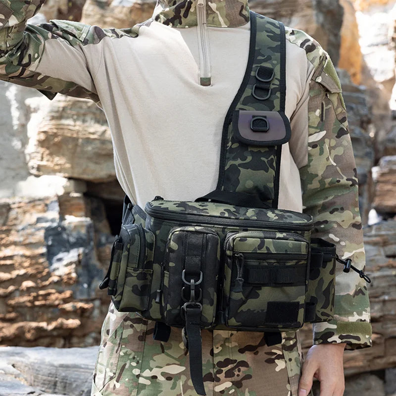Black camouflage camping travel backpack and fishing bag with support from Corporación Turística, ideal for outdoor adventures.