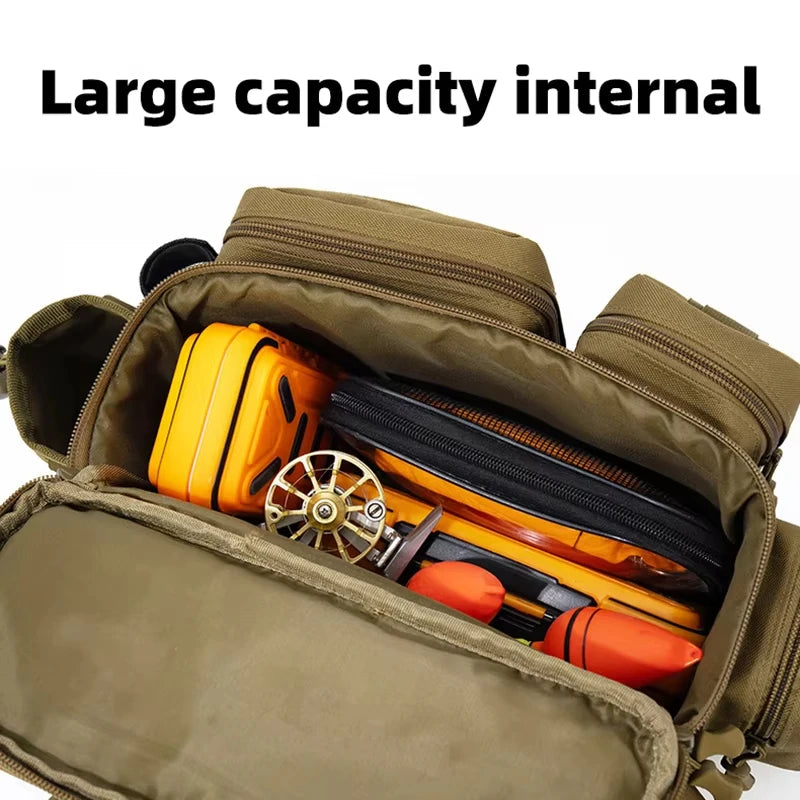 Black camouflage travel backpack for camping and fishing with support, by Corporación Turística. Durable outdoor gear image.