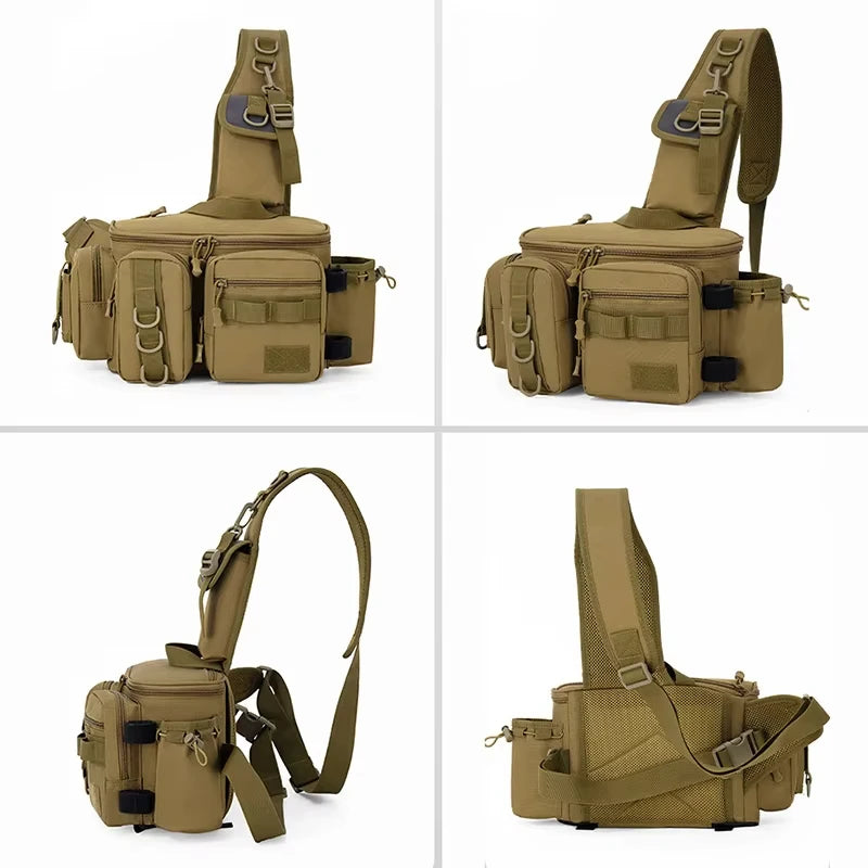 Black camouflage travel backpack for camping and fishing with support straps, ideal for outdoor adventures by Corporación Turística.