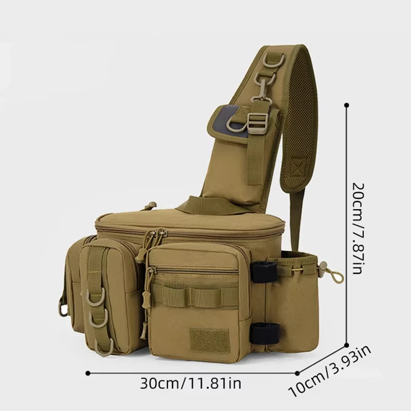 Black camo camping travel backpack and fishing bag with support from Corporación Turística, ideal for outdoor adventures.