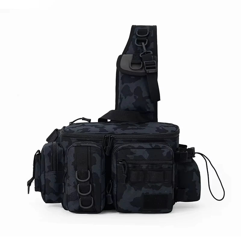 Black camouflage camping travel backpack and fishing bag with support from Corporación Turística, suitable for outdoor adventures.