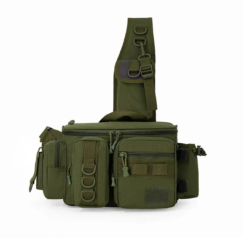 Black camouflage travel backpack from Corporación Turística, camping and fishing bag with support and multiple compartments.