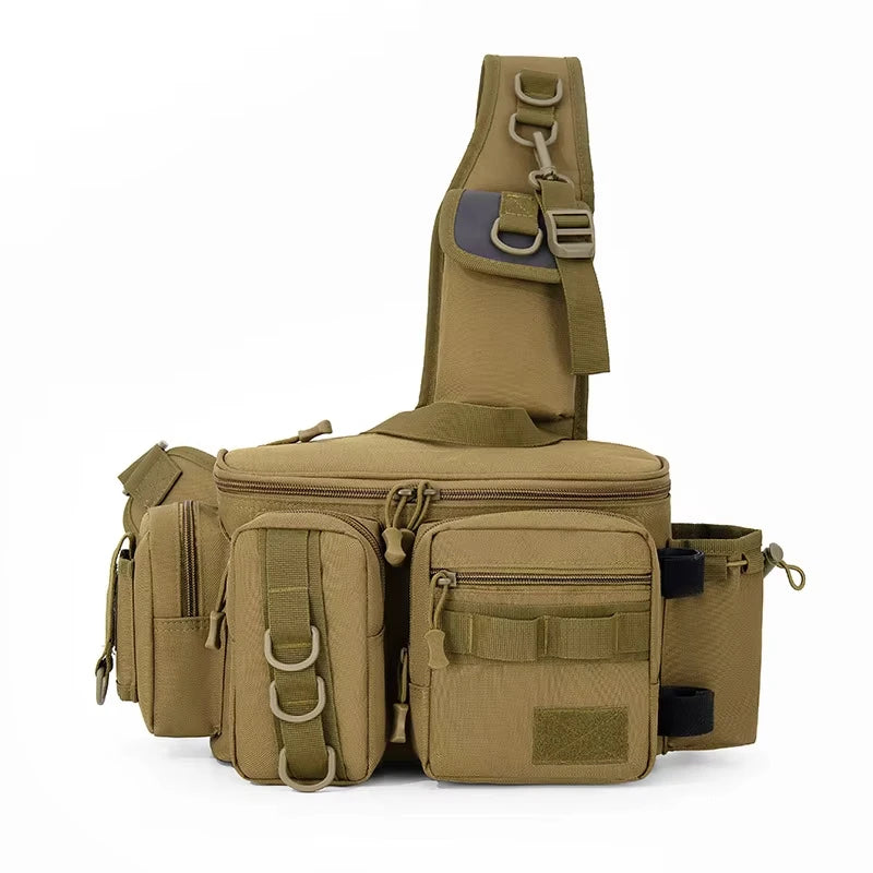 Black camouflage camping travel backpack and fishing bag with support from Corporación Turística, ideal for outdoor adventures.