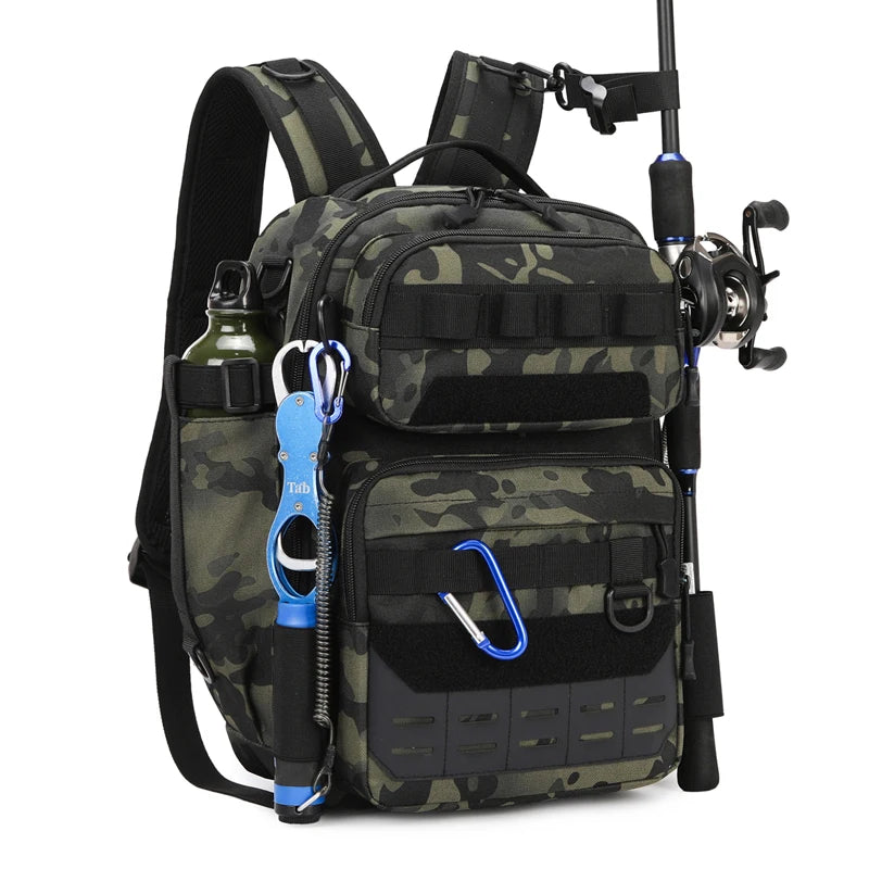 Black camouflage tactical backpack for outdoor camping and climbing by Corporación Turística, featuring multiple compartments and adjustable straps.