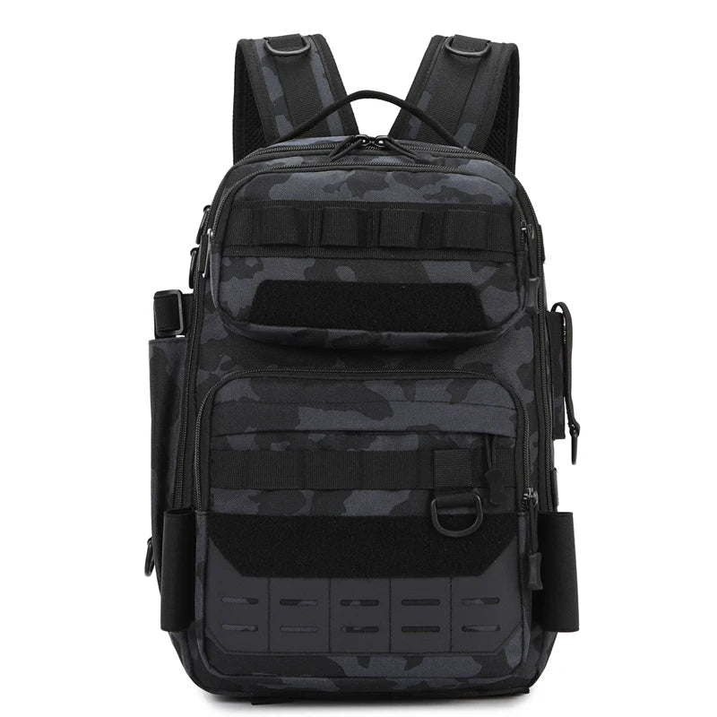 Black camo tactical backpack by Corporación Turística, ideal for outdoor camping, hiking, and climbing adventures.