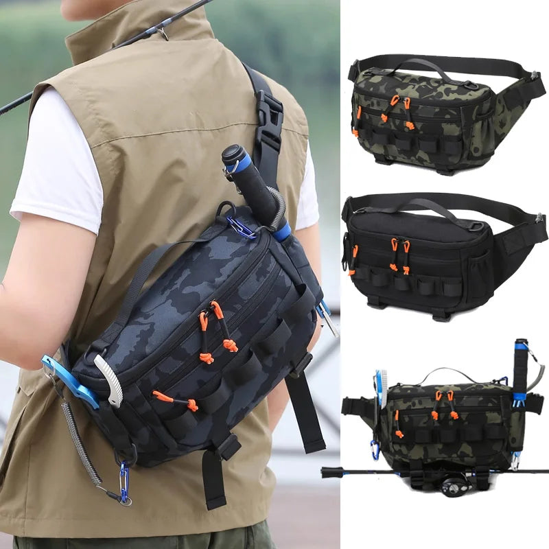Black camouflage tactical fanny pack and chest bag by Corporación Turística, designed for outdoor activities and adventure.