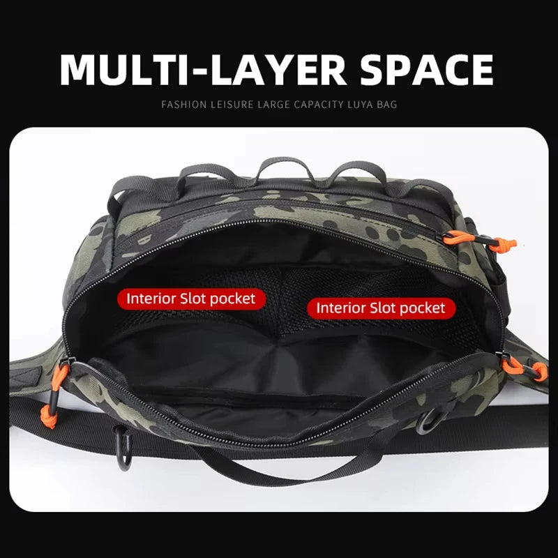 Black camouflage tactical waist and chest bag from Corporación Turística, designed for outdoor activities and versatile carrying.