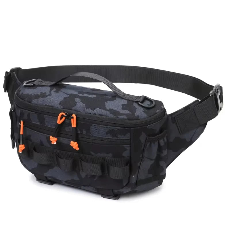 Black camouflage tactical waist and chest bag from Corporación Turística, suitable for outdoor activities and adventure gear.